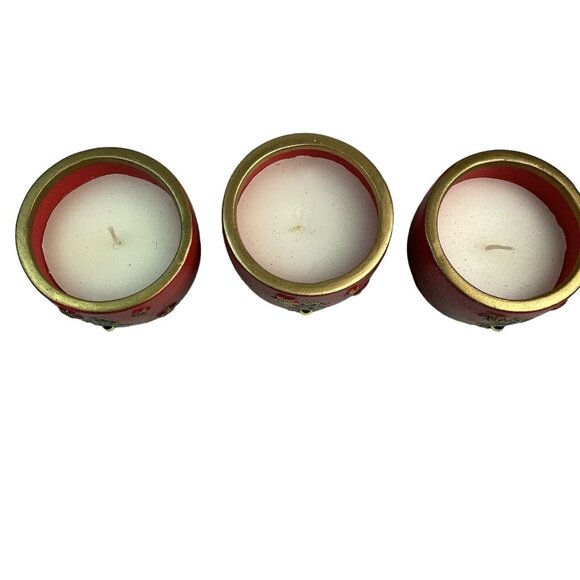 Set Of 3 Red Gold Christmas Tree Themed Votive Candles In Decorative Holders u - Picture 3 of 4